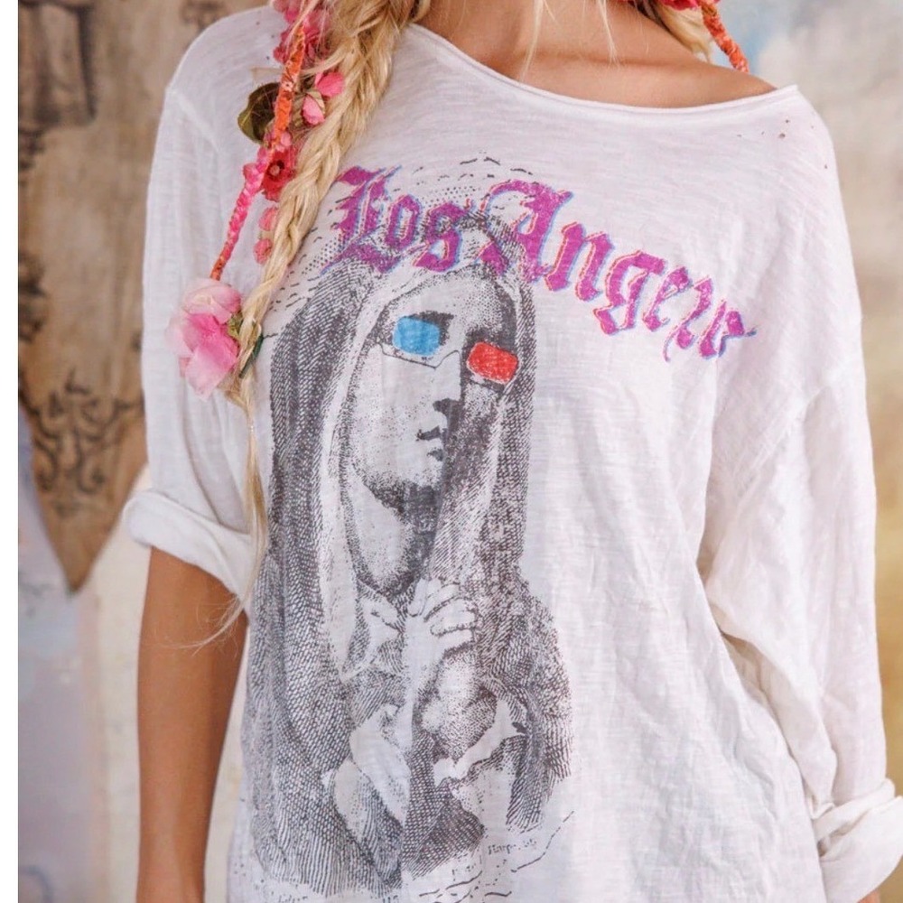 Magnolia Pearl Glitter Saint Mary Art Long Sleeve Tee Los Angeles Distressed NWT